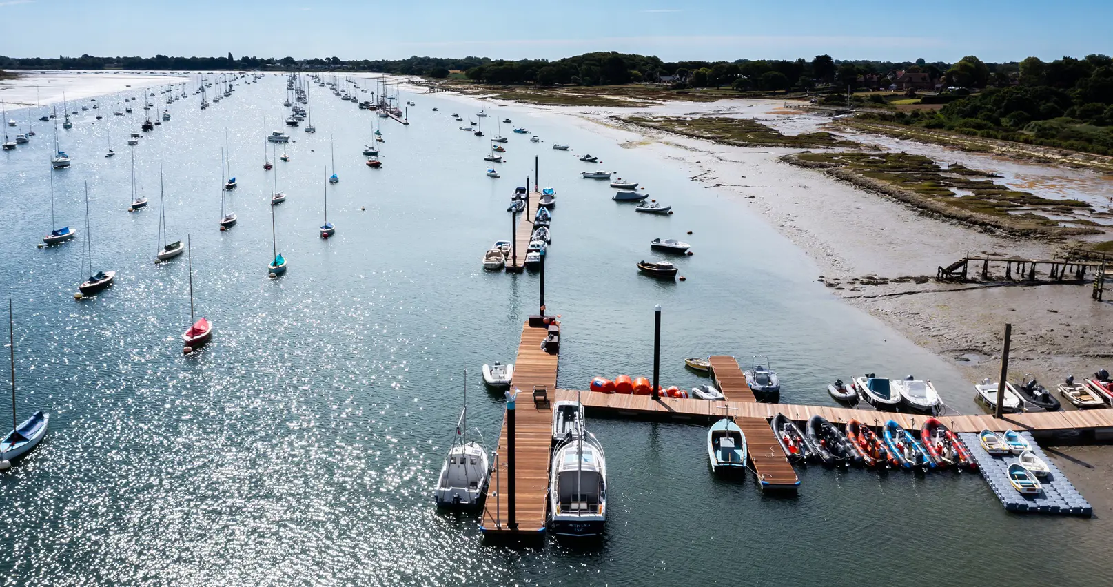 An aerial view of boats moored at Chichester Harbour